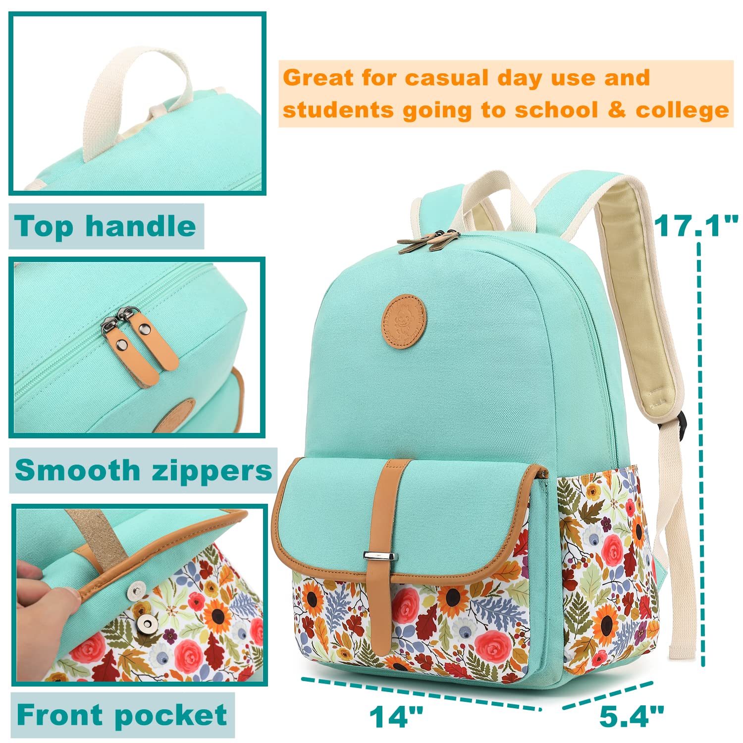 Leaper Canvas School Backpack for Girls Laptop Bag Travel Bag Bookbag Daypack - Image 3