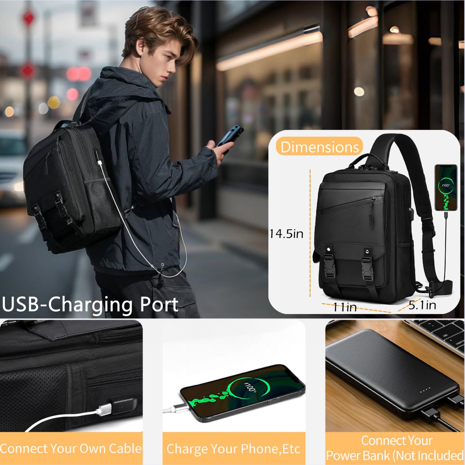 Leaper Crossbody Messenger Bag for Men: 13L Multi-pocket Satchel Sling Shoulder Bags for Travel Daily Work - Women Single Strap Backpack for Cycling, Hiking - Laptop Sling Bag for Men 14 inch, Black - Image 3