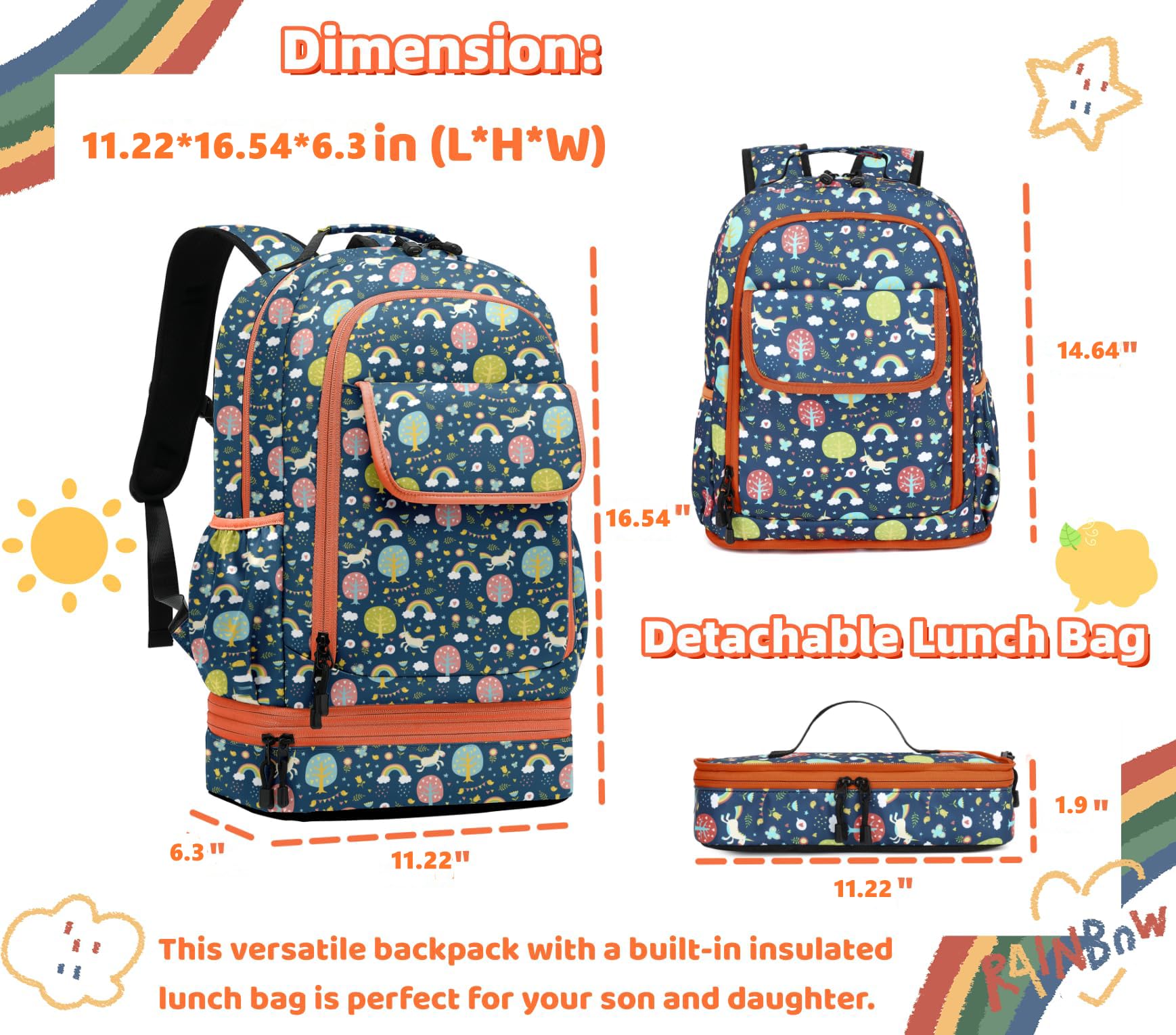 Leaper Cute Unicorn Laptop Backpack Water-resistant Double Deck Insulated Lunch Bag Satchel Dark Blue - Image 3