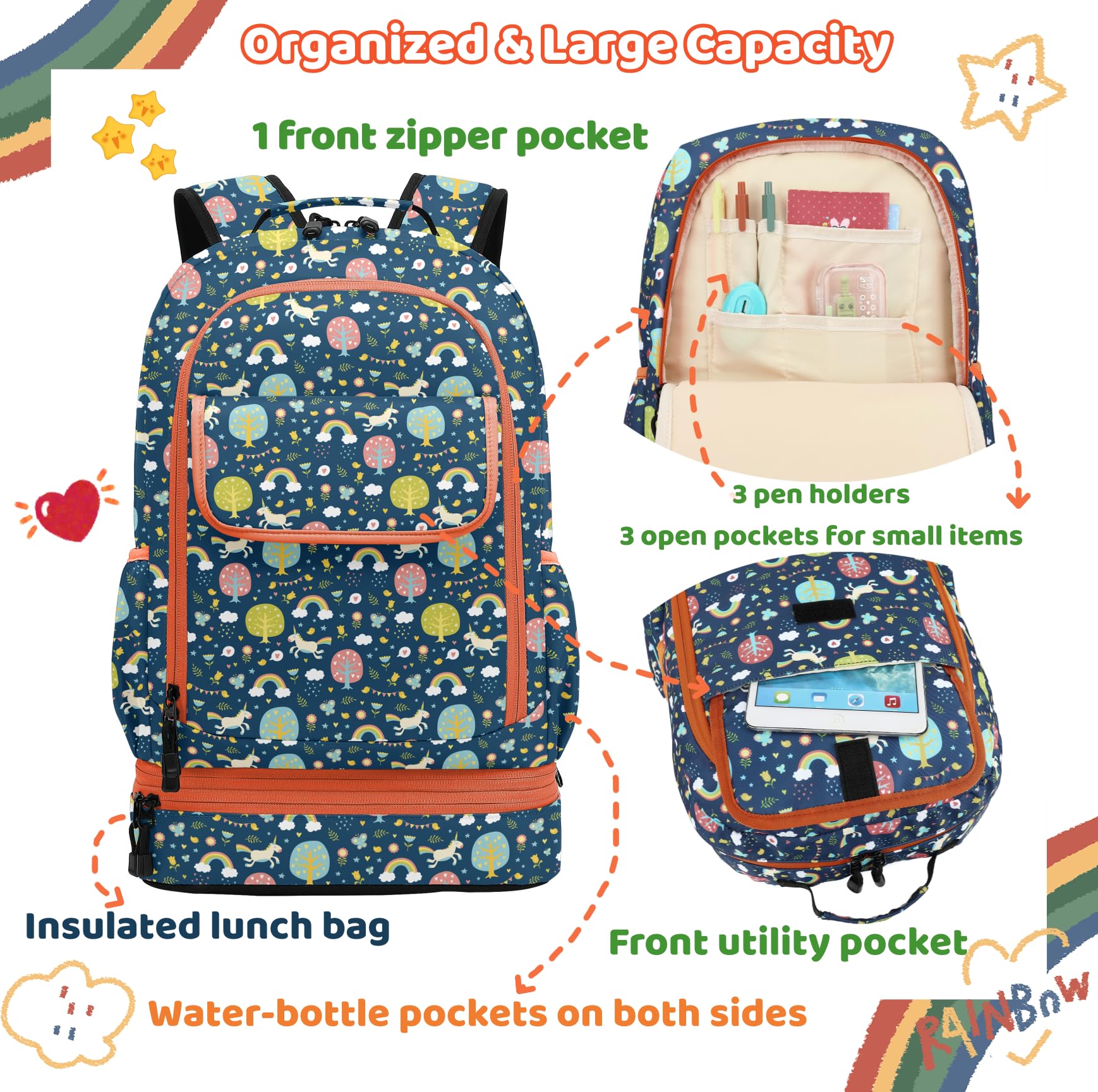 Leaper Cute Unicorn Laptop Backpack Water-resistant Double Deck Insulated Lunch Bag Satchel Dark Blue - Image 5