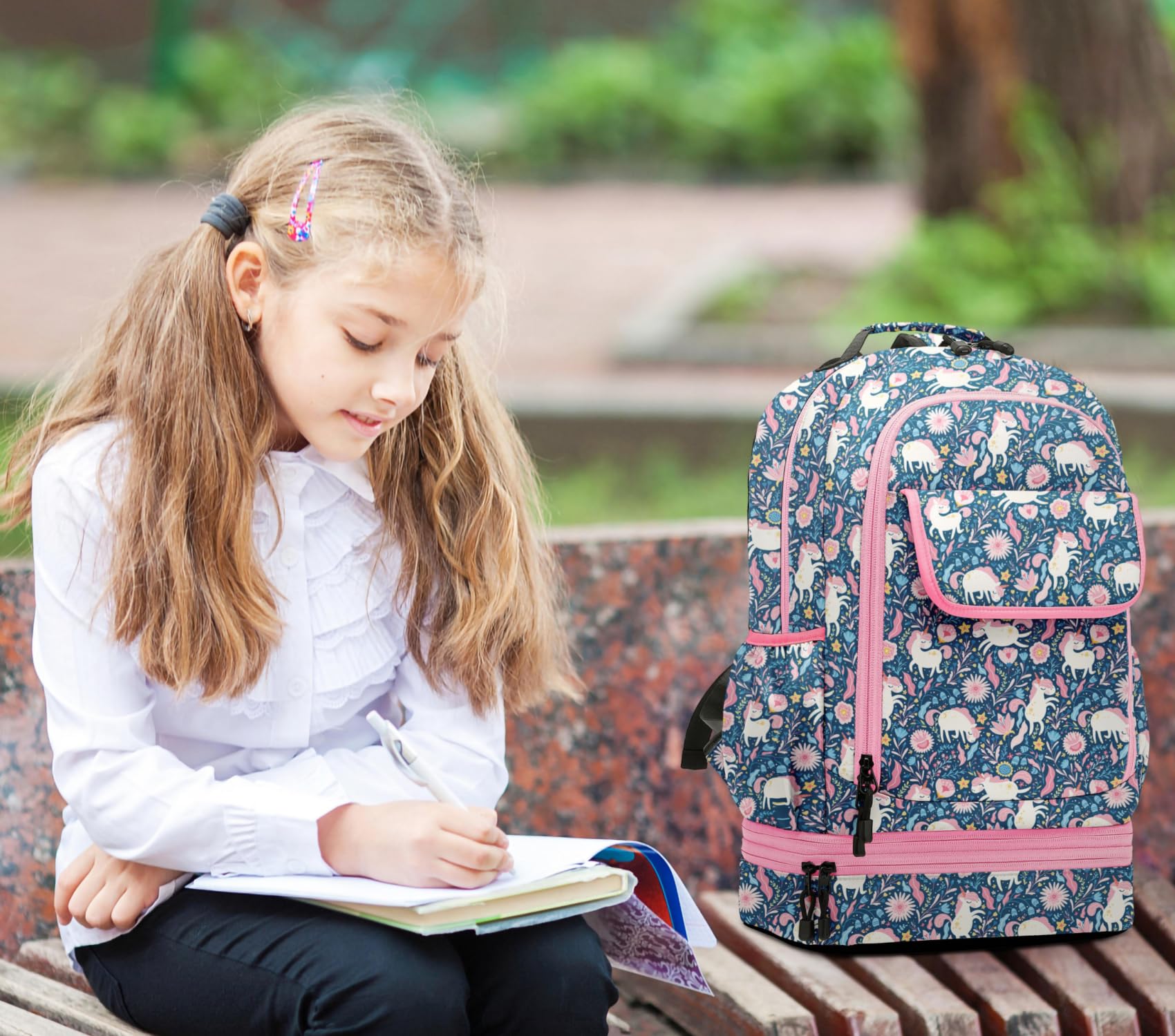 Leaper Cute Unicorn Laptop Backpack Water-resistant Double Deck Insulated Lunch Bag Satchel Dark Blue - Image 7