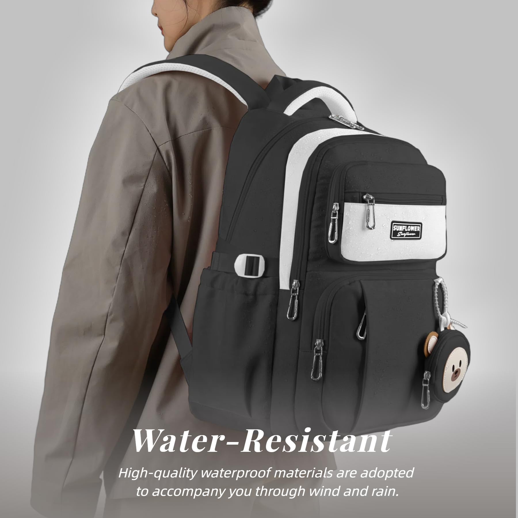 Leaper Preppy Backpack for Teens : 18.5 inch Bookbag Multi-pocket for School Daily -Water Resistant Anti Theft Middle Highschool Student - Aged 10-16 - Gifts for Girls and Kids（Black） - Image 3