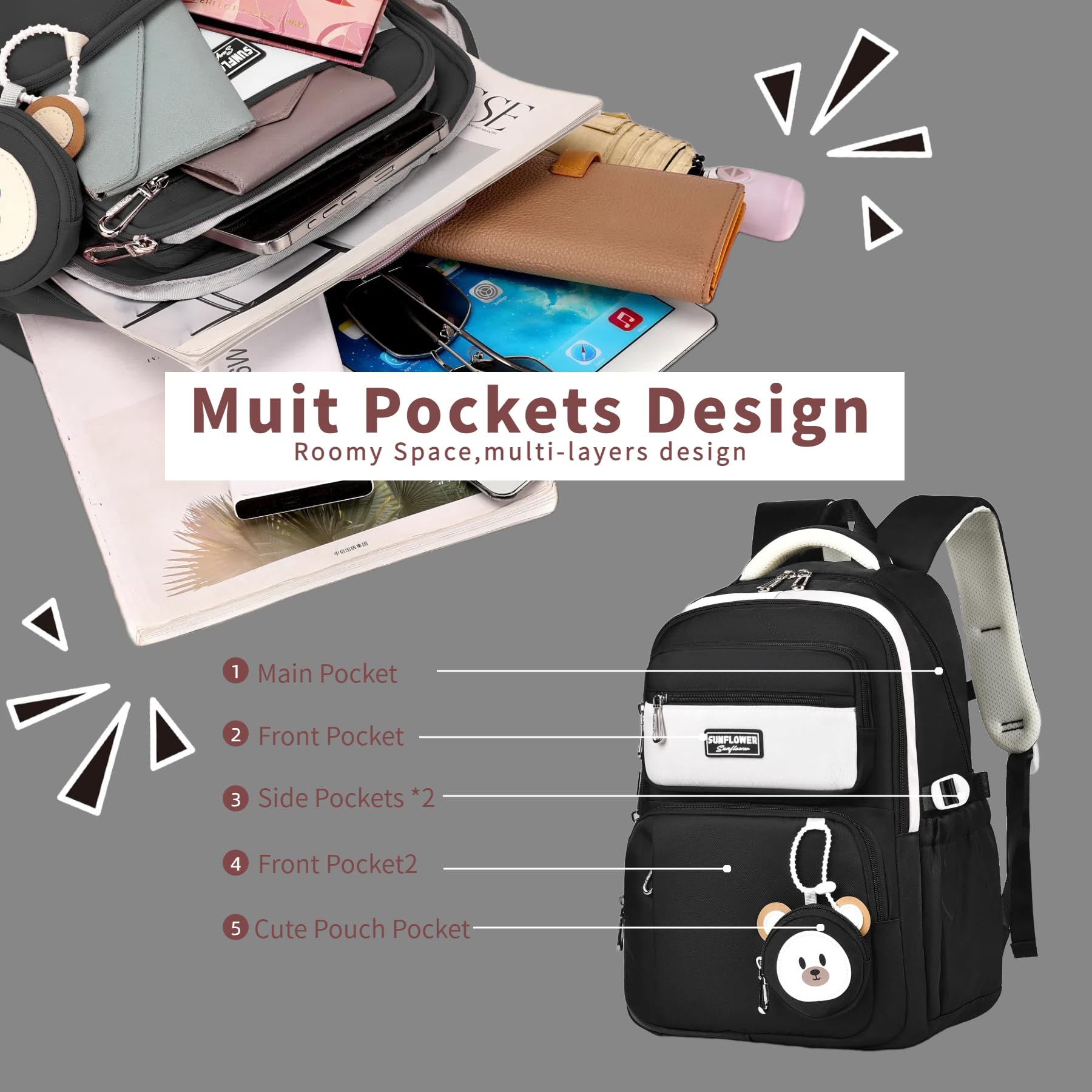 Leaper Preppy Backpack for Teens : 18.5 inch Bookbag Multi-pocket for School Daily -Water Resistant Anti Theft Middle Highschool Student - Aged 10-16 - Gifts for Girls and Kids（Black） - Image 5