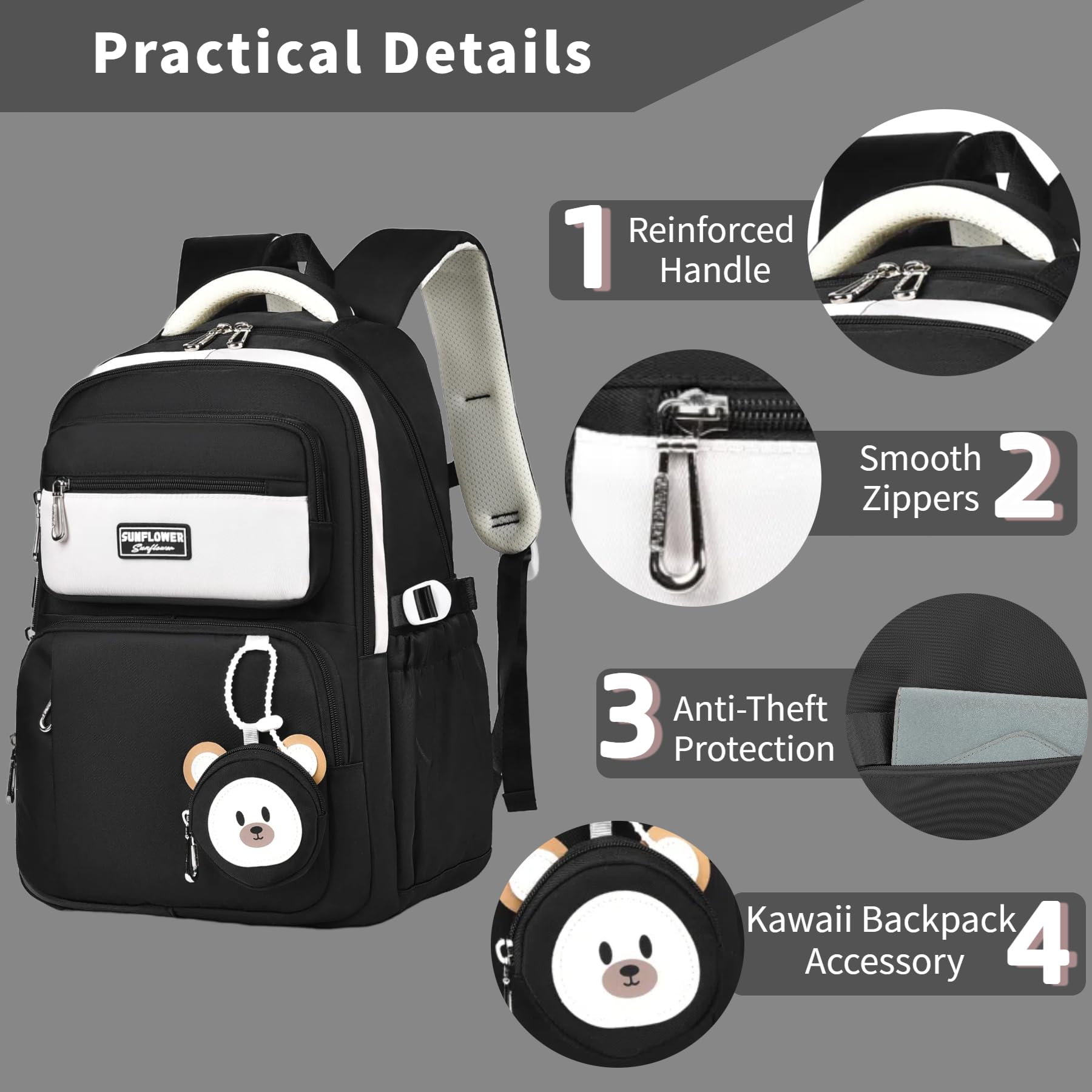 Leaper Preppy Backpack for Teens : 18.5 inch Bookbag Multi-pocket for School Daily -Water Resistant Anti Theft Middle Highschool Student - Aged 10-16 - Gifts for Girls and Kids（Black） - Image 6