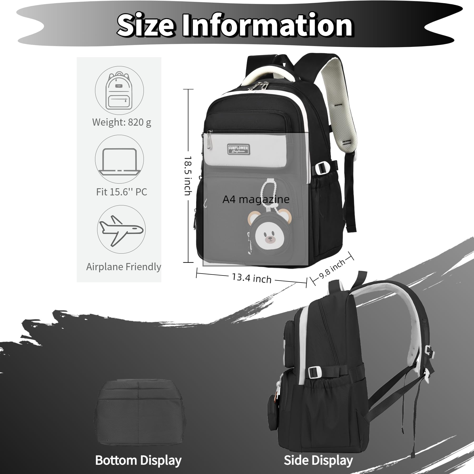 Leaper Preppy Backpack for Teens : 18.5 inch Bookbag Multi-pocket for School Daily -Water Resistant Anti Theft Middle Highschool Student - Aged 10-16 - Gifts for Girls and Kids（Black） - Image 8